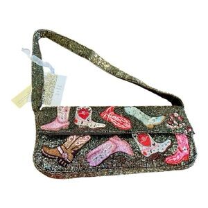 Coastal Cowgirl Hand-Beaded Bag, Cowboy Boots, Red, Pink, Black & Sparkly.